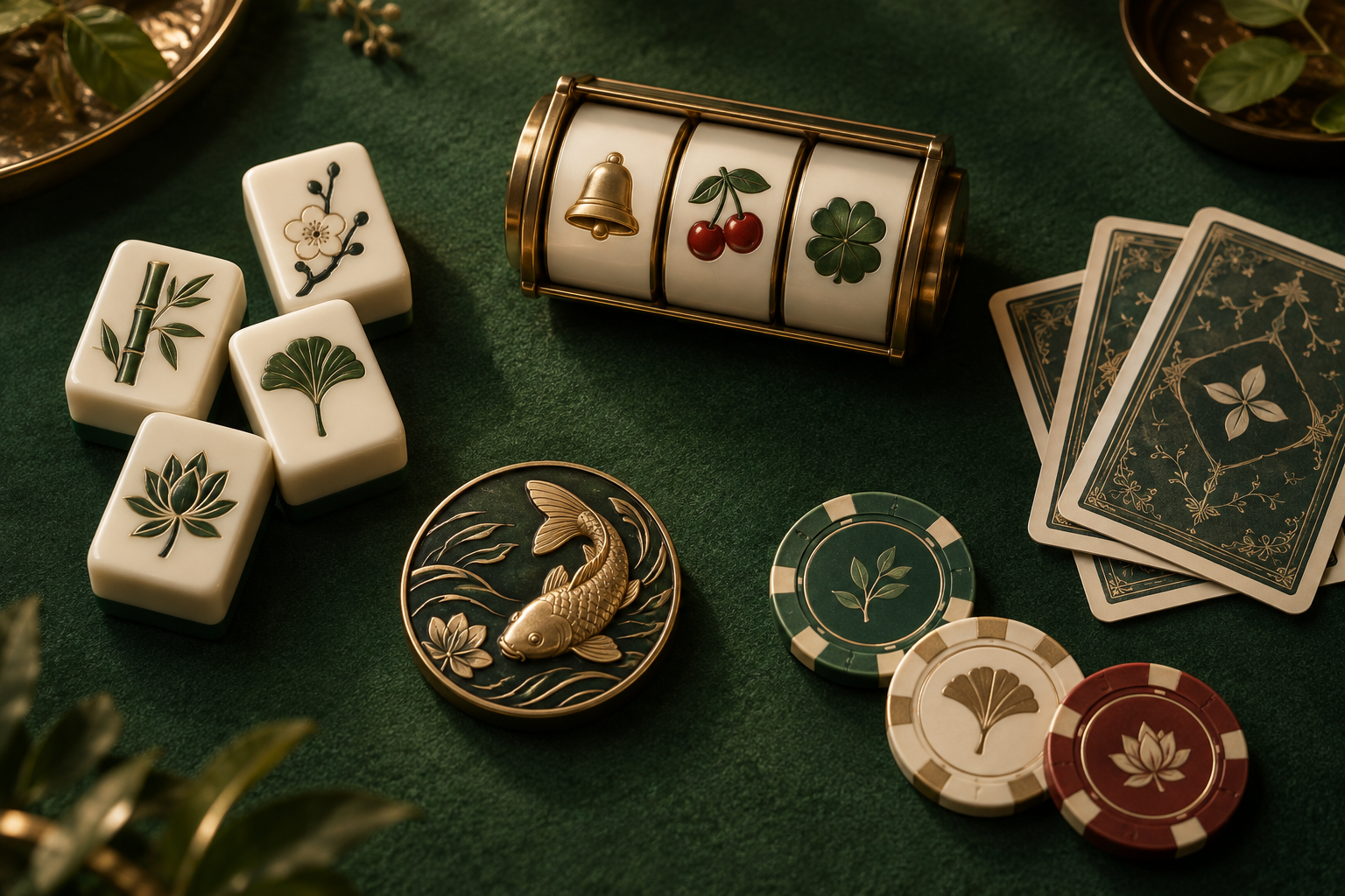 Ilustrasi gulungan slot, ubin mahjong, kartu, dan keping di meja kasino hijau